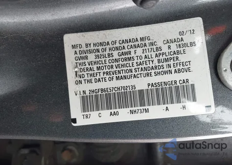 2012 Honda Civic Si from USA, damaged, VIN 2HGFB6E57CH702135
